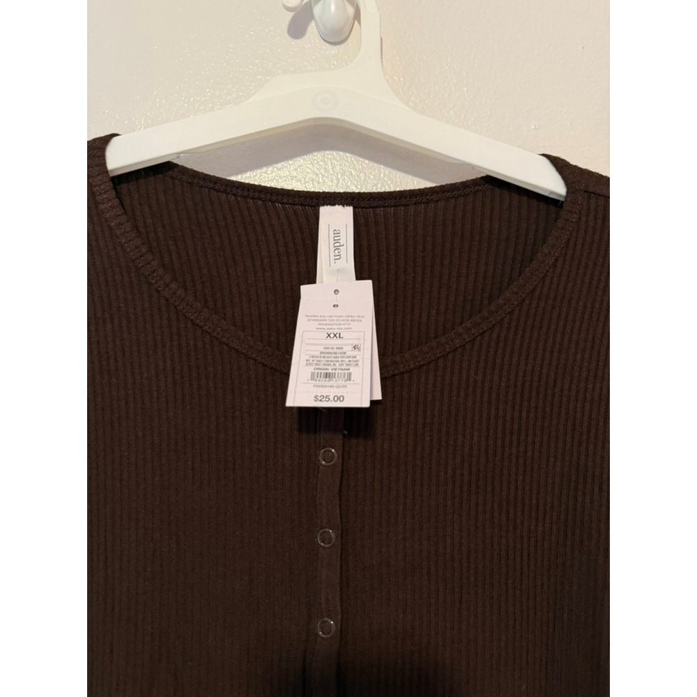 Auden Womens Brown Ribbed Henley Long Sleeve Pajama Top XXL New - Picture 2 of 3